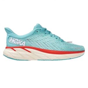 Hoka | Women's Blue/Red Clifton 8 ‘Aquarelle’ Running Shoe, lace up sneakers 9.5